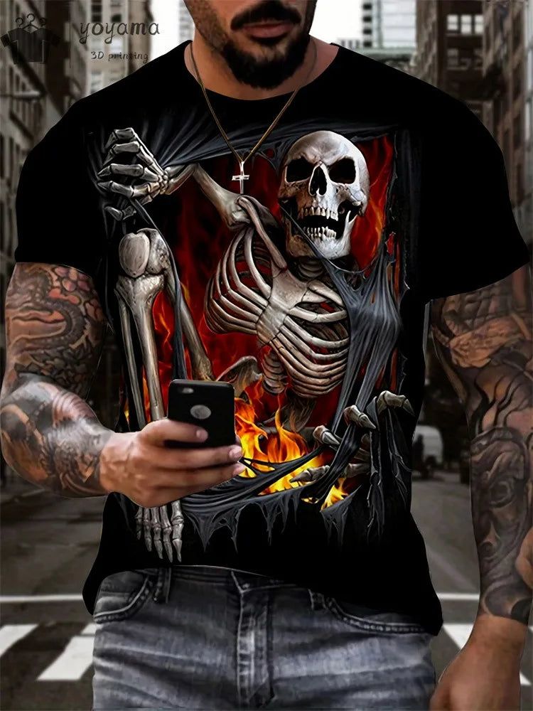 Men's Horror Skull Print T-Shirt 3D Print Vintage O-Neck Short Sleeve Fashion Oversized T-Shirts Men's Summer Street Clothing