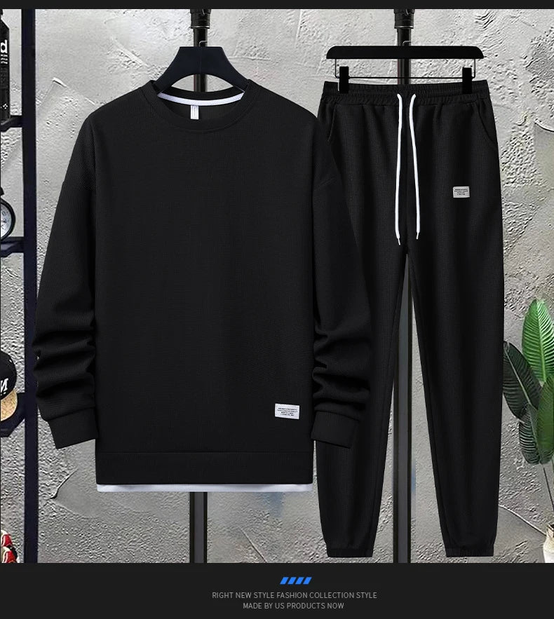 Summer Men's Waffle Sets Casual T-Shirt And Shorts Set Male Sports Suit Solid Color Tracksuit Loose Suits Size