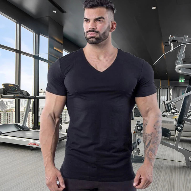 Mens Plain  Summer Cotton Breathable Short Sleeve Shirts Running V-neck T-shirt Gym Bodybuilding Fitness Workout Muscle Clothin