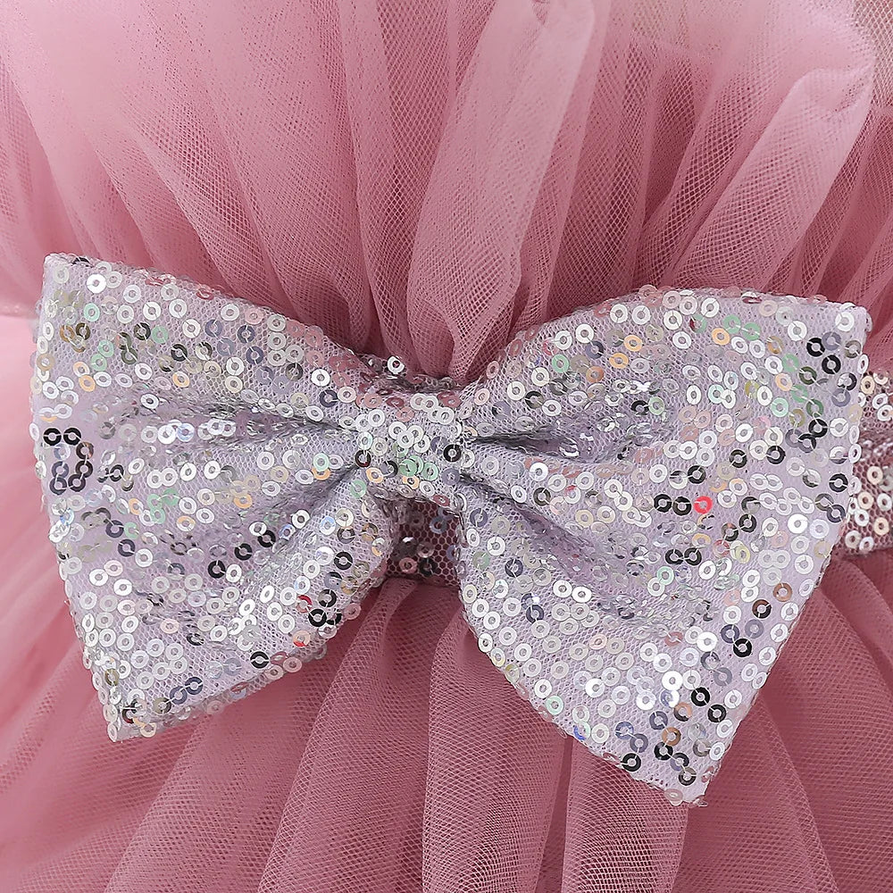 Kids Bow Baby Girls Dress Puffy Tulle Toddler White Baptism Party Dresses For Girl Elegant Kids Birthday Princess Ball Gown