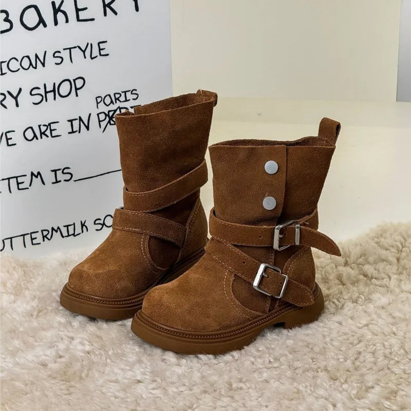 Fashion Baby Girl Retro Solid Short Boots Infant Toddler Child Spring Autumn Winter Mid-calf Platform Shoes Foldable Baby Shoes