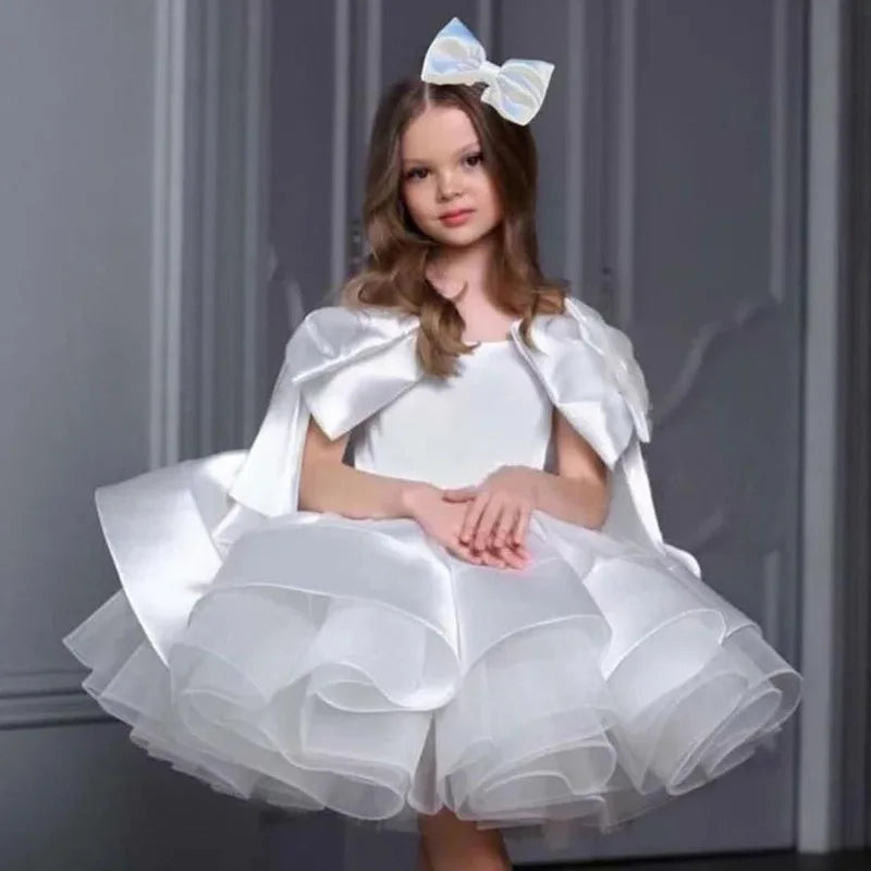 Luxury Girls Big Bow Wedding Party Flower Girl Dresses Pink Long Tulle Baby Ceremony Evening Dress Summer  3-10 Y graduate Dress