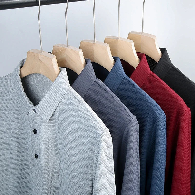 New Men's Business Fashion Casual Long Sleeved Shirt Solid Color Polo Shirt Fashionable Breathable Comfortable Versatile Top