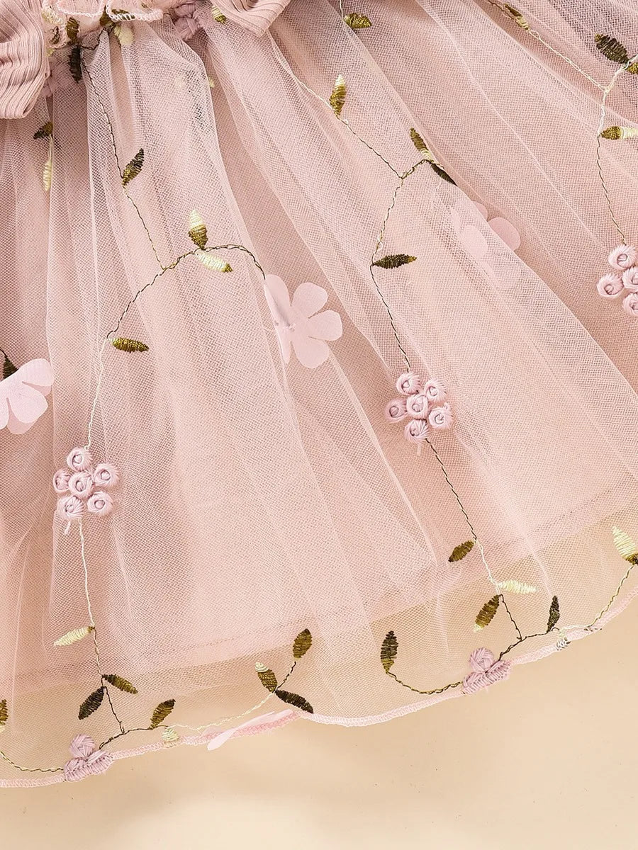 Baby Girl Pink Ribbed Long-Sleeve Bowknot Floral Embroidered Mesh Dress Perfect For Outings And Daily Wear
