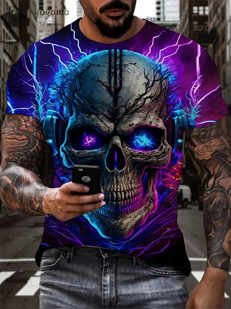 Men's Horror Skull Print T-Shirt 3D Print Vintage O-Neck Short Sleeve Fashion Oversized T-Shirts Men's Summer Street Clothing