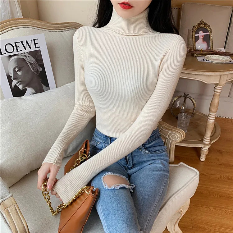 2026 Autumn Winter Women Long Sleeve Knitted Foldover Turtleneck Ribbed Pull Sweater Soft Warm Femme Jumper Pullover Clothes