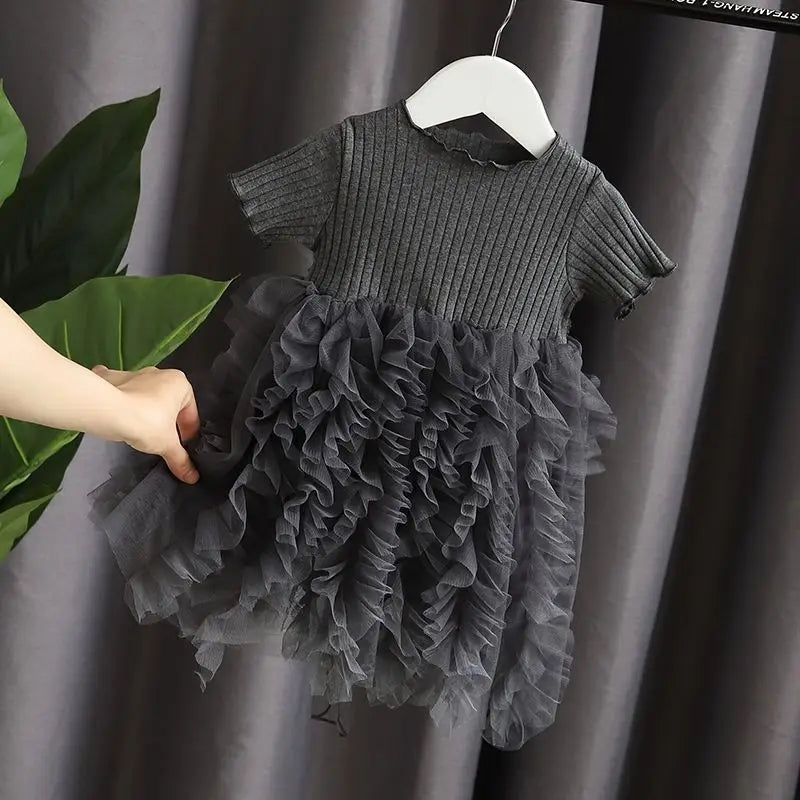 Baby Girl Pink Ribbed Long-Sleeve Bowknot Floral Embroidered Mesh Dress Perfect For Outings And Daily Wear