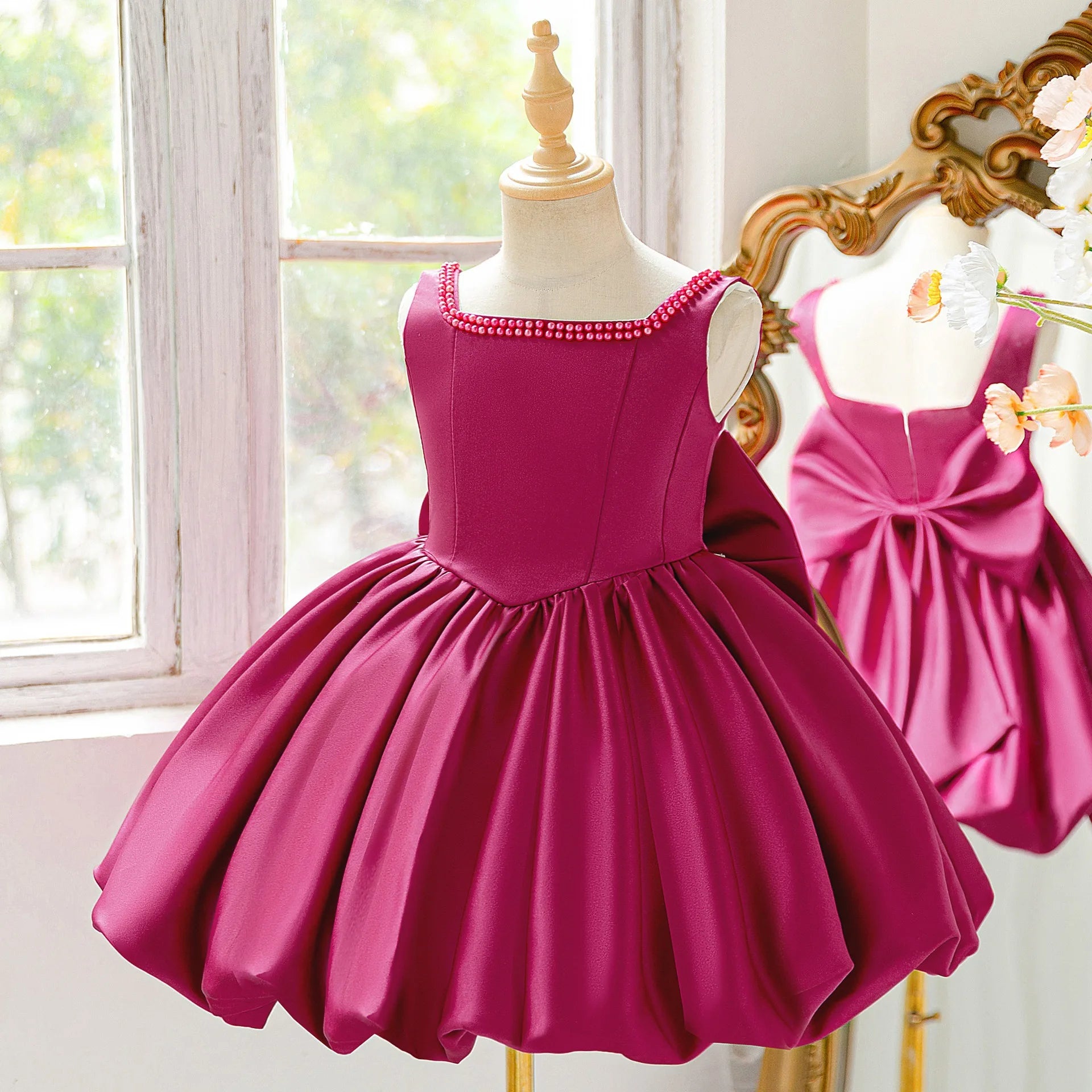 Girls Party Dresses Elegant Pearls Big Bow Princess Dress Baby Girl 1st Birthday Baptism Gown Wedding Birthday Party Girls Dress