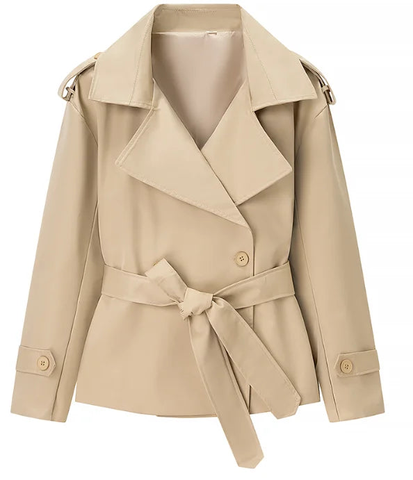 Casual Belt Lace Up Short Trench Coat Women Elegant Full Sleeve V Neck Loose Fashion Jacket Spring Daily High Street Outerwear