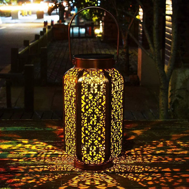 Metallic Solar Lantern Hanging LED Garden Lights Christmas Night Light for Outdoor Patio Lawn Backyard Courtyard Tabletop Decor