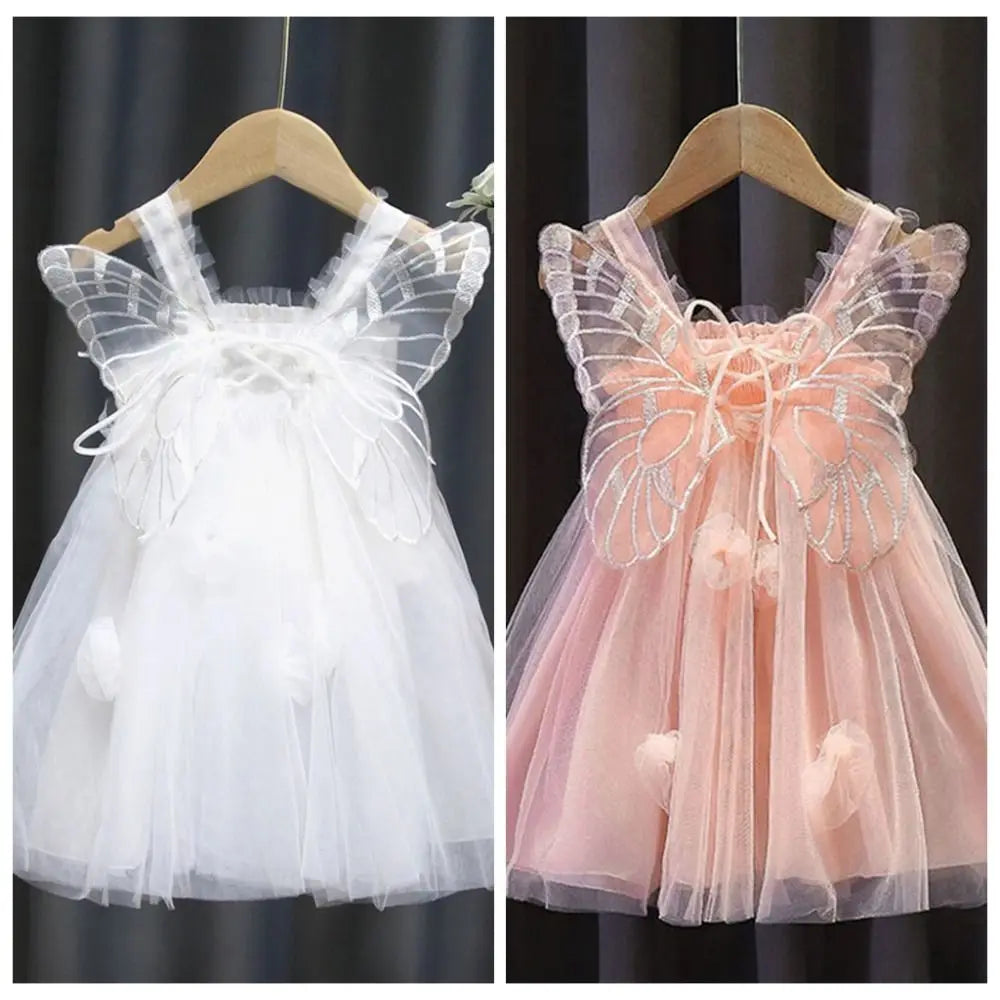Fashion Lace-up Baby Girl Princess Dress Sleeveless Lace Baby Girl Bubble Dress Sweet Casual Butterfly Wing Pettiskirt Kids