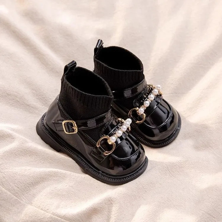 Autumn Winter Girls' Baby Shoes Fleece Lined Short Boots Soft Soled Walking Shoes Princess Leather Shoes for Toddlers