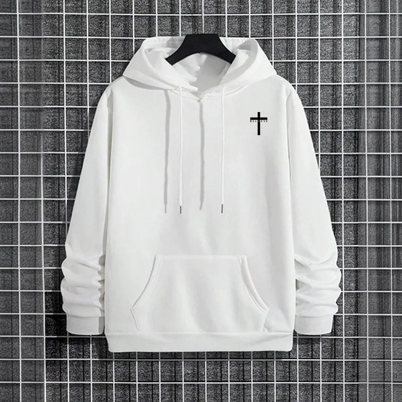 Mens Urban Hoodie 2025 High Quality Solid Color Long Sleeve Sweatshirt Casual Sporty Hooded Outerwear Jesus Cross Print Pullover